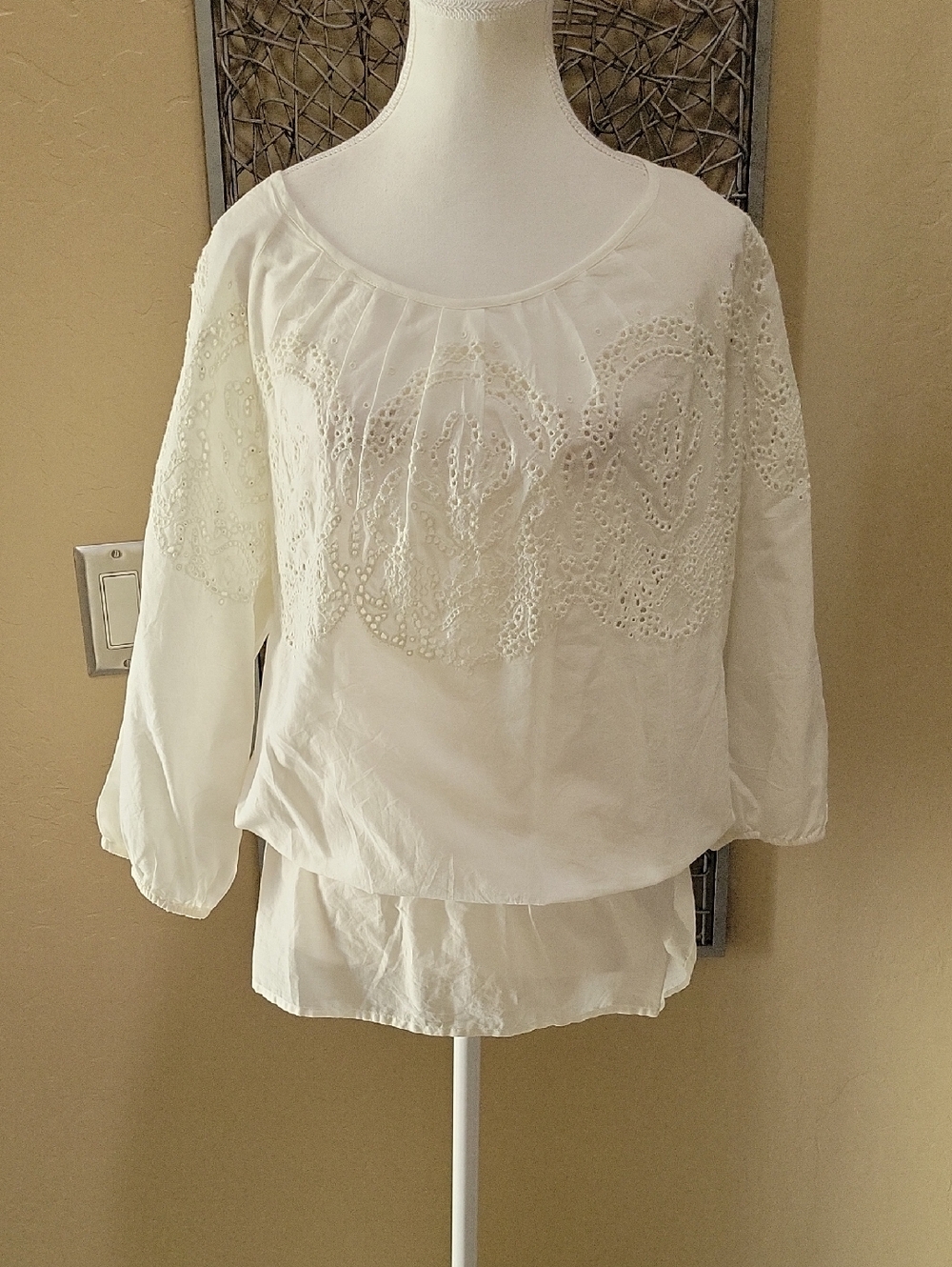 Chico's Ivory Eyelet Peasant Blouse with Peplum